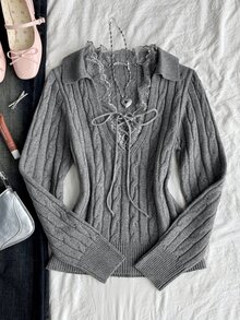 DAZY Women's Lace Patchwork Casual Versatile Daily Long Sleeve Sweater Fall - Grey - View 3