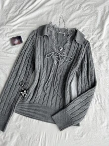 DAZY Women's Lace Patchwork Casual Versatile Daily Long Sleeve Sweater Fall - Grey - View 6