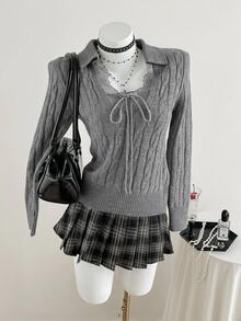 DAZY Women's Lace Patchwork Casual Versatile Daily Long Sleeve Sweater Fall - Grey - View 7
