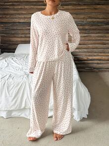 Dazy Plus Ditsy Floral Casual Loose Long Sleeve Top And Pants 2-Piece Set, Home Wear Pajama Set For Spring And Autumn - Apricot - View 1