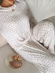 Dazy Plus Ditsy Floral Casual Loose Long Sleeve Top And Pants 2-Piece Set, Home Wear Pajama Set For Spring And Autumn - Apricot - View 6