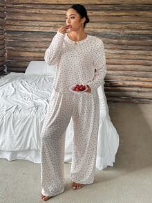 Dazy Plus Ditsy Floral Casual Loose Long Sleeve Top And Pants 2-Piece Set, Home Wear Pajama Set For Spring And Autumn - Apricot - View 5