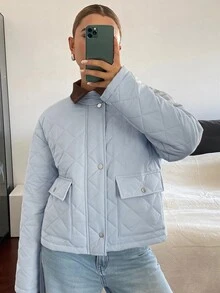 DAZY Women's Patchwork Contrast Color Diamond Grid Loose Long Sleeve Pocket Casual Minimalist Streetwear Winter Padded Coat Going Out Light Blue - Blue - View 6