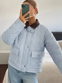 DAZY Women's Patchwork Contrast Color Diamond Grid Loose Long Sleeve Pocket Casual Minimalist Streetwear Winter Padded Coat Going Out Light Blue - Blue - View 5