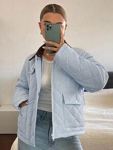 DAZY Women's Patchwork Contrast Color Diamond Grid Loose Long Sleeve Pocket Casual Minimalist Streetwear Winter Padded Coat Going Out Light Blue - Blue - View 3