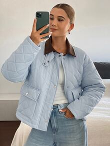 DAZY Women's Patchwork Contrast Color Diamond Grid Loose Long Sleeve Pocket Casual Minimalist Streetwear Winter Padded Coat Going Out Light Blue - Blue - View 1