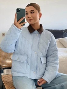 DAZY Women's Patchwork Contrast Color Diamond Grid Loose Long Sleeve Pocket Casual Minimalist Streetwear Winter Padded Coat Going Out Light Blue - Blue - View 7