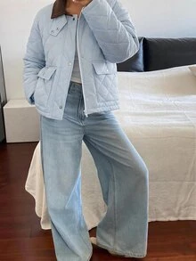 DAZY Women's Patchwork Contrast Color Diamond Grid Loose Long Sleeve Pocket Casual Minimalist Streetwear Winter Padded Coat Going Out Light Blue - Blue - View 4