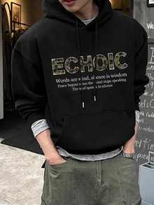 DAZY Spring/Autumn Black Pattern Letter Print Loose Cuff & Hem Ribbed Design Streetwear Korean Style Men's Hoodie - Black - View 2