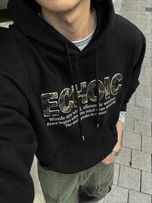 DAZY Spring/Autumn Black Pattern Letter Print Loose Cuff & Hem Ribbed Design Streetwear Korean Style Men's Hoodie - Black - View 1
