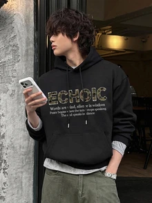 DAZY Spring/Autumn Black Pattern Letter Print Loose Cuff & Hem Ribbed Design Streetwear Korean Style Men's Hoodie - Black - View 3