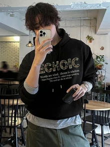 DAZY Spring/Autumn Black Pattern Letter Print Loose Cuff & Hem Ribbed Design Streetwear Korean Style Men's Hoodie - Black - View 5