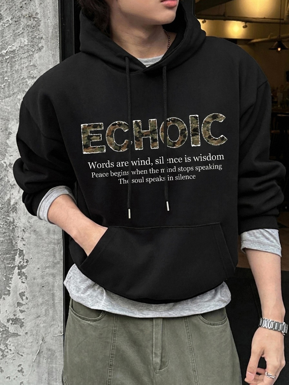 Spring/Autumn Black Pattern Letter Print Loose Cuff & Hem Ribbed Design Streetwear Korean Style Men's Hoodie