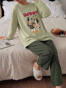 DAZY Conjunto de 2 Peças Camiseta de Manga Curta Solta com Estampa de Cachorrinho Fofo & Calça de Pijama Longa de Perna Reta Xadrez, Roupa de Dormir Feminina de Verão e Outono - Verde - Visão 5