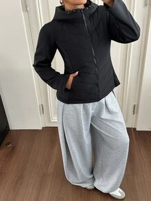 Dazy Plus Jaket Mantel Empuk Wanita Ukuran Plus Warna Hitam dengan Lapisan Termal Tebal untuk Musim Gugur/Dingin, Pinggang Dikencangkan, dan Motif Patchwork, Cocok untuk Perjalanan Sehari-hari - Hitam - View 2