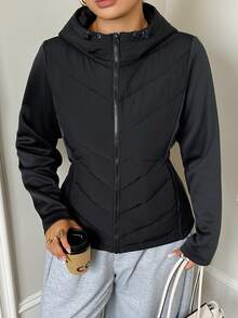 Dazy Plus Jaket Mantel Empuk Wanita Ukuran Plus Warna Hitam dengan Lapisan Termal Tebal untuk Musim Gugur/Dingin, Pinggang Dikencangkan, dan Motif Patchwork, Cocok untuk Perjalanan Sehari-hari - Hitam - View 7