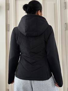 Dazy Plus Jaket Mantel Empuk Wanita Ukuran Plus Warna Hitam dengan Lapisan Termal Tebal untuk Musim Gugur/Dingin, Pinggang Dikencangkan, dan Motif Patchwork, Cocok untuk Perjalanan Sehari-hari - Hitam - View 9