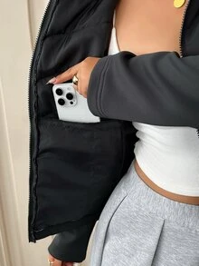 Dazy Plus Jaket Mantel Empuk Wanita Ukuran Plus Warna Hitam dengan Lapisan Termal Tebal untuk Musim Gugur/Dingin, Pinggang Dikencangkan, dan Motif Patchwork, Cocok untuk Perjalanan Sehari-hari - Hitam - View 8