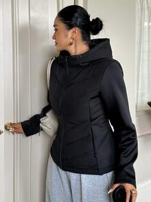 Dazy Plus Jaket Mantel Empuk Wanita Ukuran Plus Warna Hitam dengan Lapisan Termal Tebal untuk Musim Gugur/Dingin, Pinggang Dikencangkan, dan Motif Patchwork, Cocok untuk Perjalanan Sehari-hari - Hitam - View 4