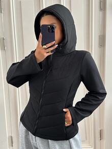 Dazy Plus Jaket Mantel Empuk Wanita Ukuran Plus Warna Hitam dengan Lapisan Termal Tebal untuk Musim Gugur/Dingin, Pinggang Dikencangkan, dan Motif Patchwork, Cocok untuk Perjalanan Sehari-hari - Hitam - View 5