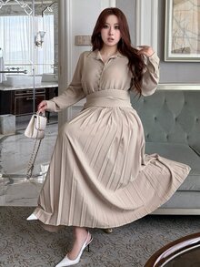 Dazy Plus Solid Color Fitted Waist Pleated Skirt Waistband Long Sleeve Elegant Formal Vacation Spring Autumn Long Dress - Sugar Pink - View 7