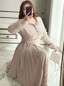 Dazy Plus Solid Color Fitted Waist Pleated Skirt Waistband Long Sleeve Elegant Formal Vacation Spring Autumn Long Dress - Sugar Pink - View 2