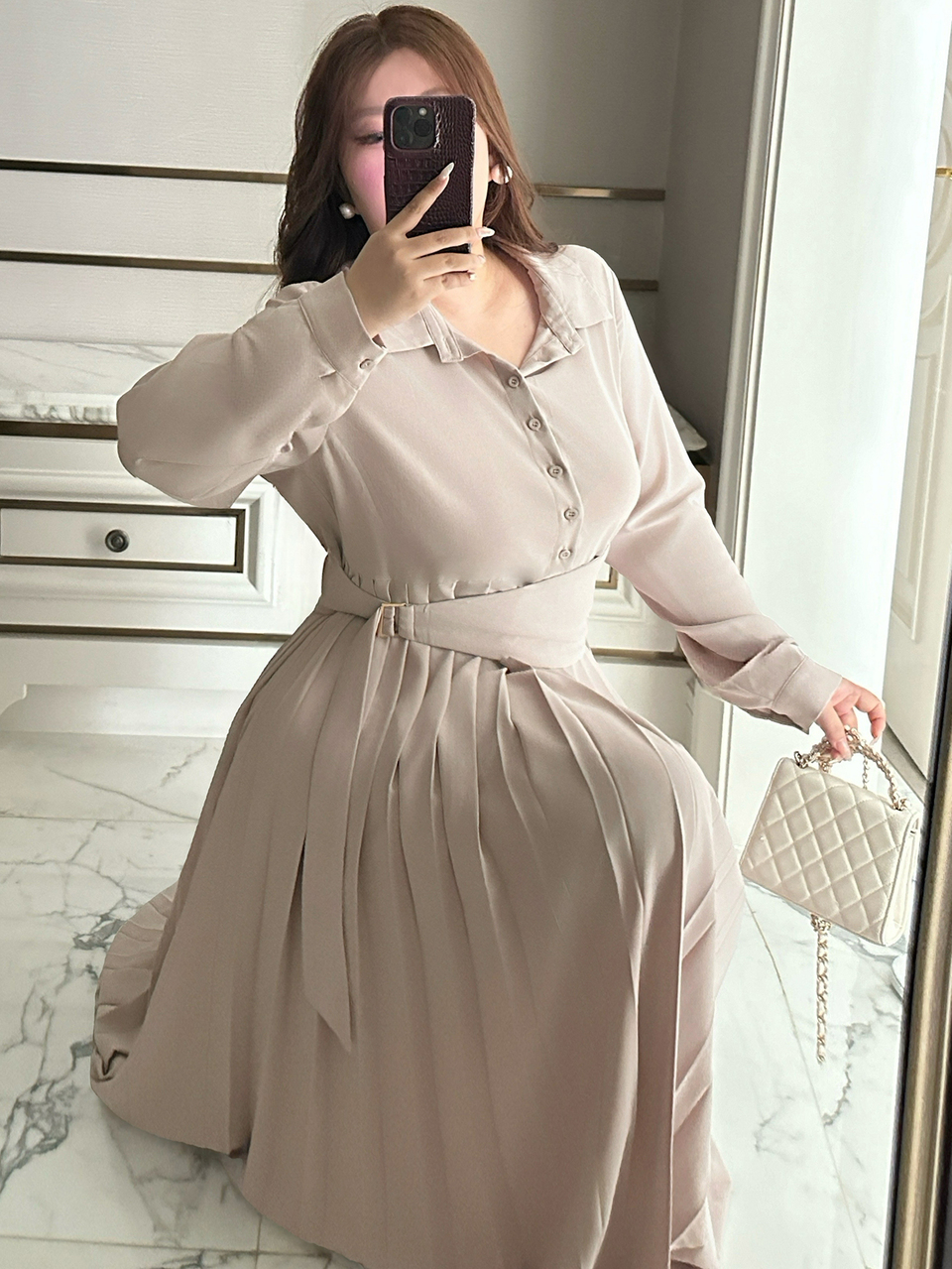 Dazy Plus Solid Color Fitted Waist Pleated Skirt Waistband Long Sleeve Elegant Formal Vacation Spring Autumn Long Dress