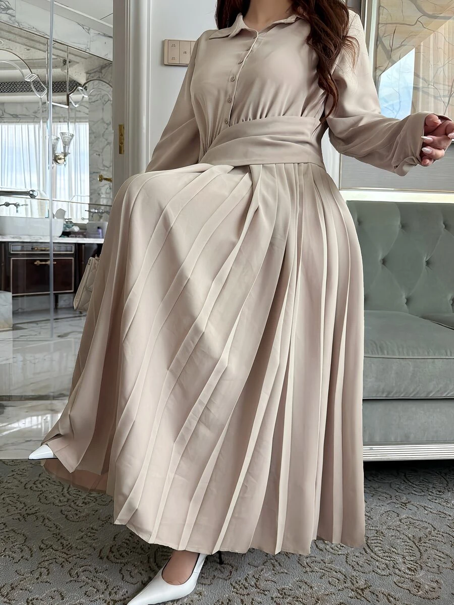 Dazy Plus Solid Color Fitted Waist Pleated Skirt Waistband Long Sleeve Elegant Formal Vacation Spring Autumn Long Dress - Sugar Pink - View 1