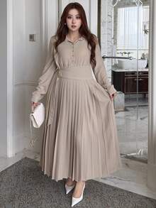 Dazy Plus Solid Color Fitted Waist Pleated Skirt Waistband Long Sleeve Elegant Formal Vacation Spring Autumn Long Dress - Sugar Pink - View 6