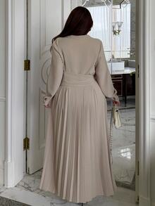 Dazy Plus Solid Color Fitted Waist Pleated Skirt Waistband Long Sleeve Elegant Formal Vacation Spring Autumn Long Dress - Sugar Pink - View 5