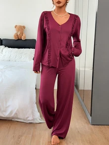 DAZY Women's Long Sleeve Top And Pants Pajama Set Fall - Burgundy - View 5