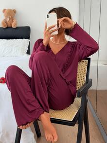 DAZY Women's Long Sleeve Top And Pants Pajama Set Fall - Burgundy - View 8