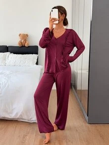 DAZY Women's Long Sleeve Top And Pants Pajama Set Fall - Burgundy - View 3
