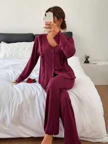 DAZY Women's Long Sleeve Top And Pants Pajama Set Fall - Burgundy - View 1