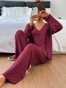 DAZY Women's Long Sleeve Top And Pants Pajama Set Fall - Burgundy - View 7