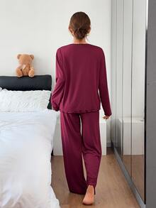 DAZY Women's Long Sleeve Top And Pants Pajama Set Fall - Burgundy - View 2