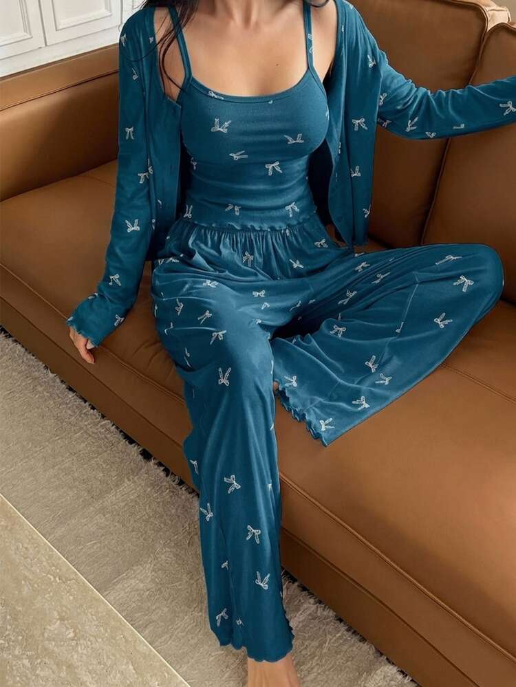 DAZY 3-Piece Bow Pattern All-Over Print Cardigan, Cami Top And Long Pants Women's Pajama Set - Blue - View 7