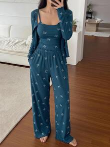 DAZY 3-Piece Bow Pattern All-Over Print Cardigan, Cami Top And Long Pants Women's Pajama Set Fall - Blue - View 3