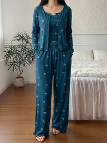 DAZY 3-Piece Bow Pattern All-Over Print Cardigan, Cami Top And Long Pants Women's Pajama Set Fall - Blue - View 4