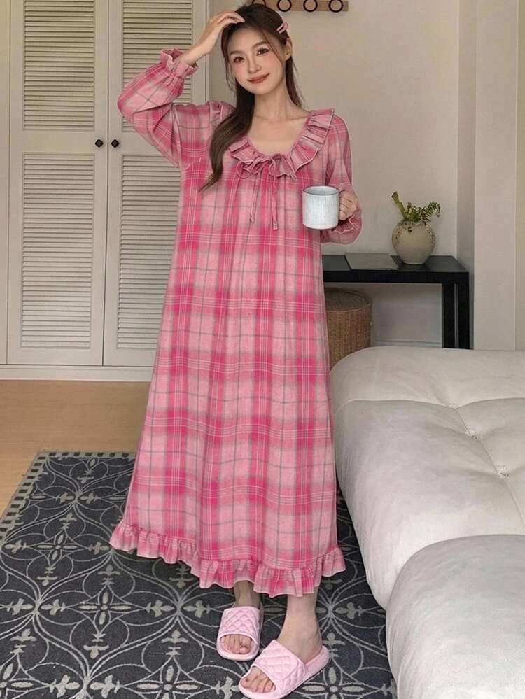 DAZY Plaid Ruffle Petal Sleeve Long Dress Nightgown For Women - Pink - View 5