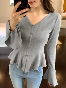 DAZY Women's Bell Sleeve Loungewear Top Fall - Grey - View 5
