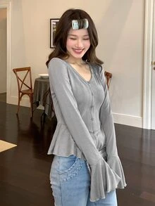 DAZY Women's Bell Sleeve Loungewear Top Fall - Grey - View 7