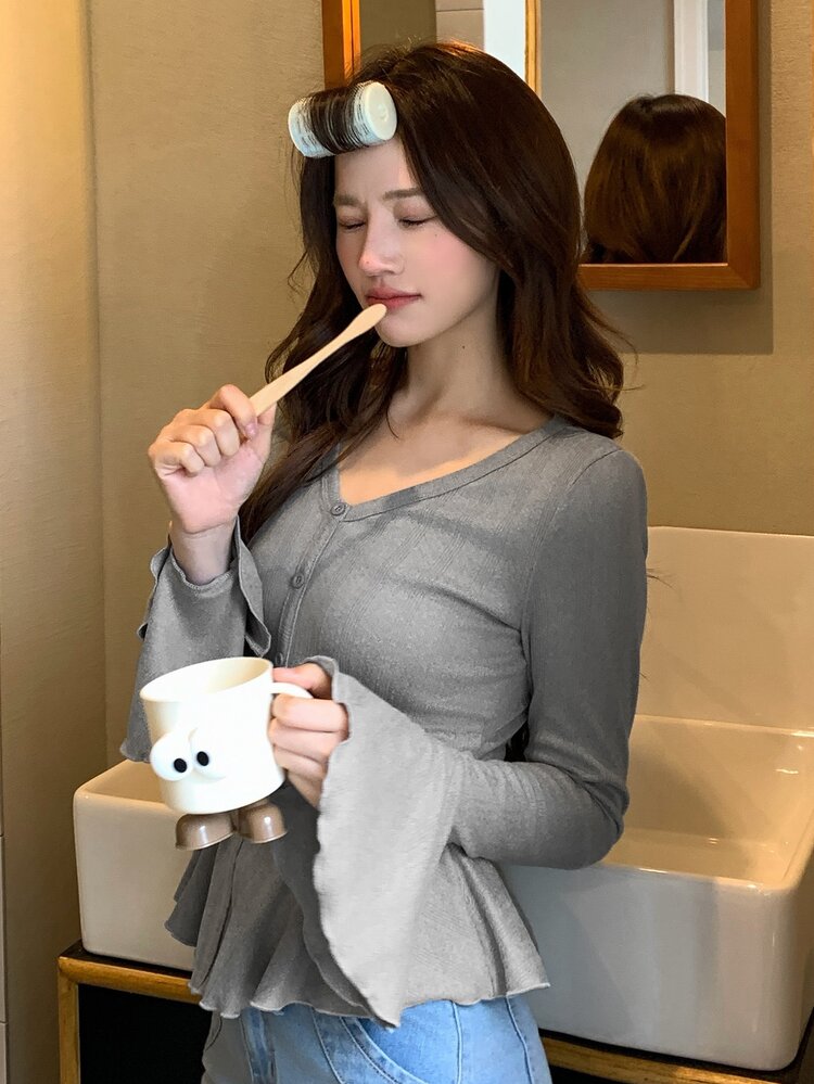 DAZY 女款喇叭袖居家休閒上衣 秋季 - 灰色 - 查看 4