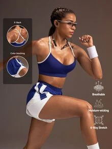 Powerista 女款春夏海軍藍撞色滾邊賽車背心式運動內衣與跑步短褲運動套裝，附網格拼接，透氣網布材質 - 藏蓝色 - 查看 9