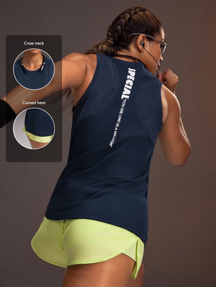 Powerista Women's Summer And Spring Navy Blue Contrasting White Lettering Sleeveless Tank Top For Gym And Workout Moisture-Wicking Performance Shirt With Mesh - Navy Blue - View 2