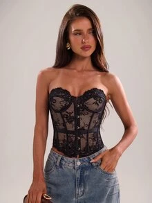 SHEIN BAE Elegant Sexy Black Lace Bandeau Top - Black - View 5