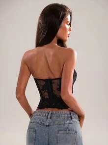 SHEIN BAE Elegant Sexy Black Lace Bandeau Top - Black - View 2