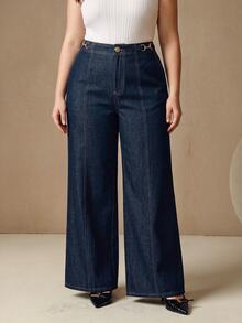 Anewsta New Niche Chain Decor Design Fashionable High Waist Plus Size Women's Casual Long Pants - Blue - View 2
