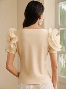 Anewsta 女款杏色優雅婚禮短袖針織收腰亮片上衣，附3D玫瑰花卉裝飾，適合夏季、派對、度假 - 杏色 - 查看 3