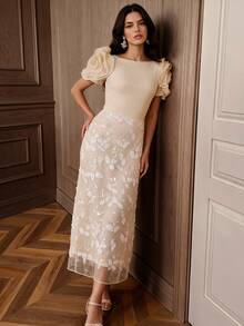 Anewsta 女款杏色優雅婚禮短袖針織收腰亮片上衣，附3D玫瑰花卉裝飾，適合夏季、派對、度假 - 杏色 - 查看 8